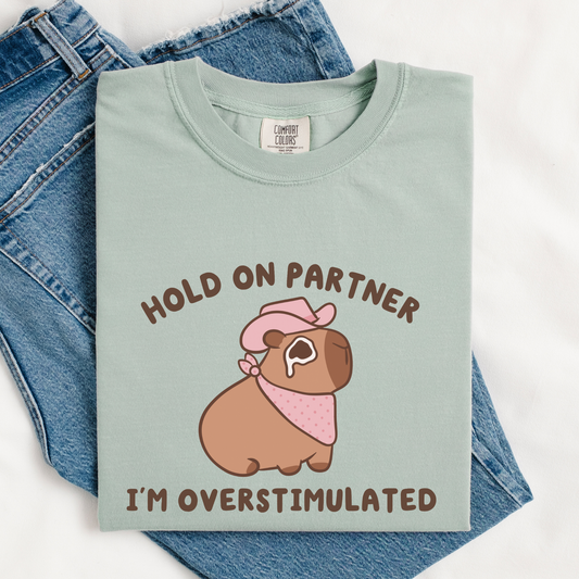 Hold On Partner I'm Overstimulated Comfort Colors Shirt