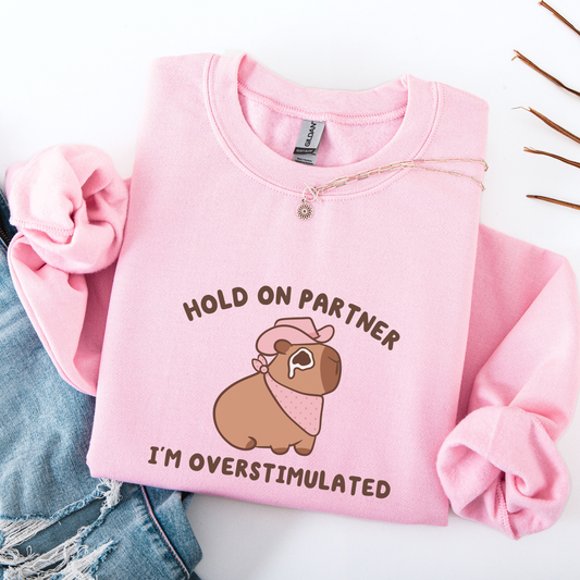 Hold On Partner I'm Overstimulated Sweatshirt