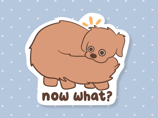 Now What? Dog Holding Tail Sticker